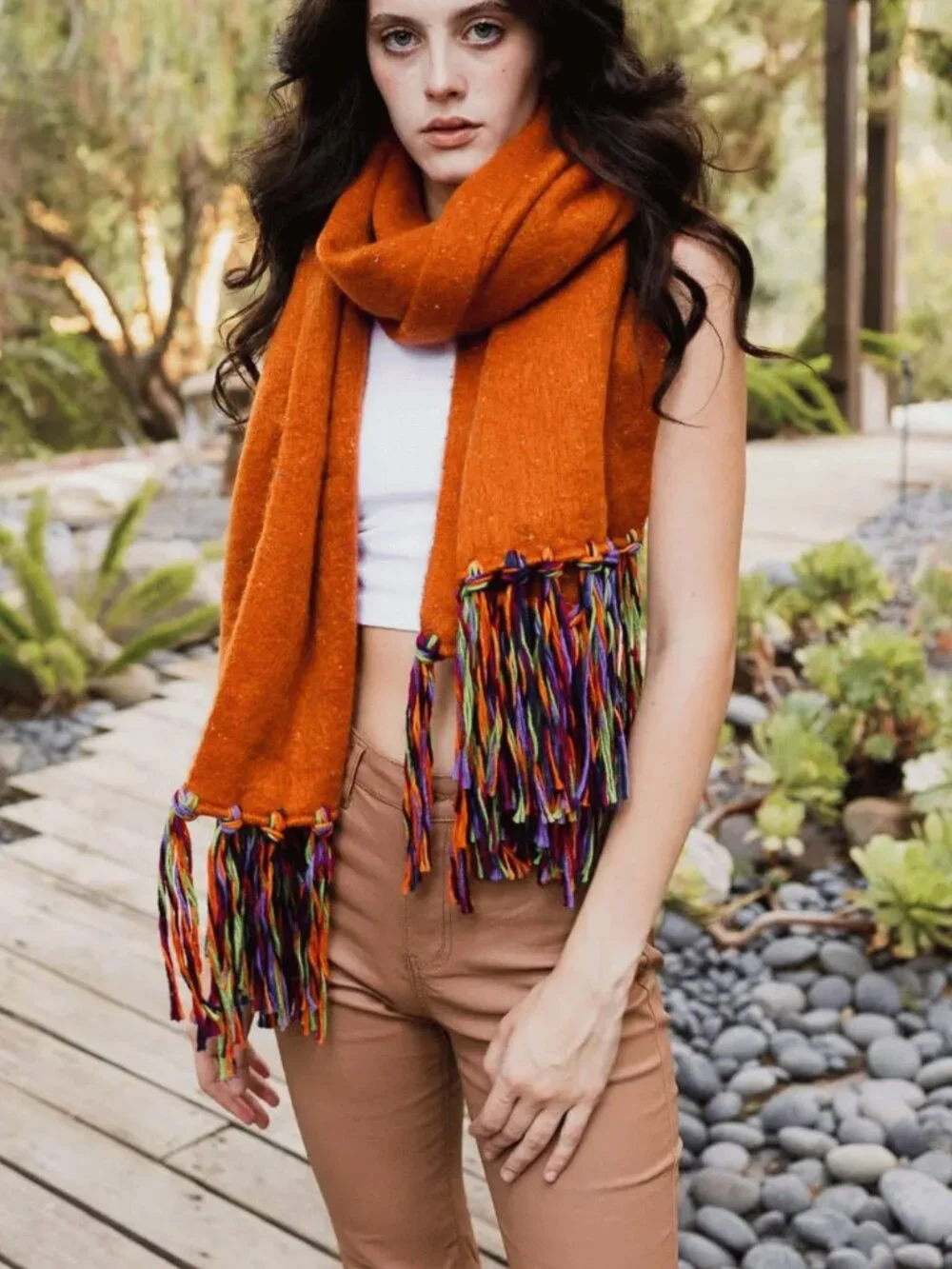 NEW Luxe Line Boho Festival Style Fringe Long Soft Wrap Scarf Orange or Hot Pink